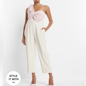 Express Ivory/White & Pink Bow Jumpsuit, Size Medium